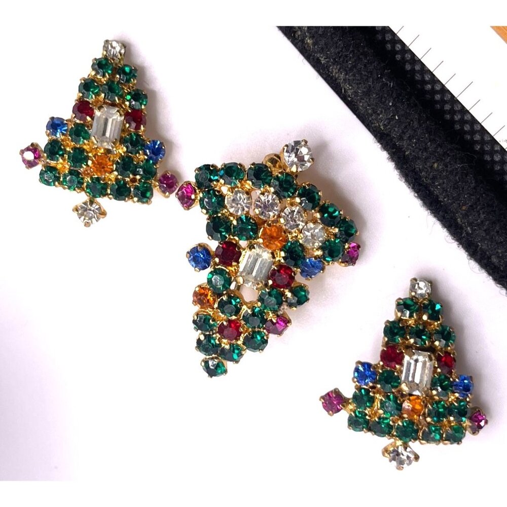 Vintage Made In Austria Rhinestone Christmas Tree Brooch & Clip-On Earrings Mult
